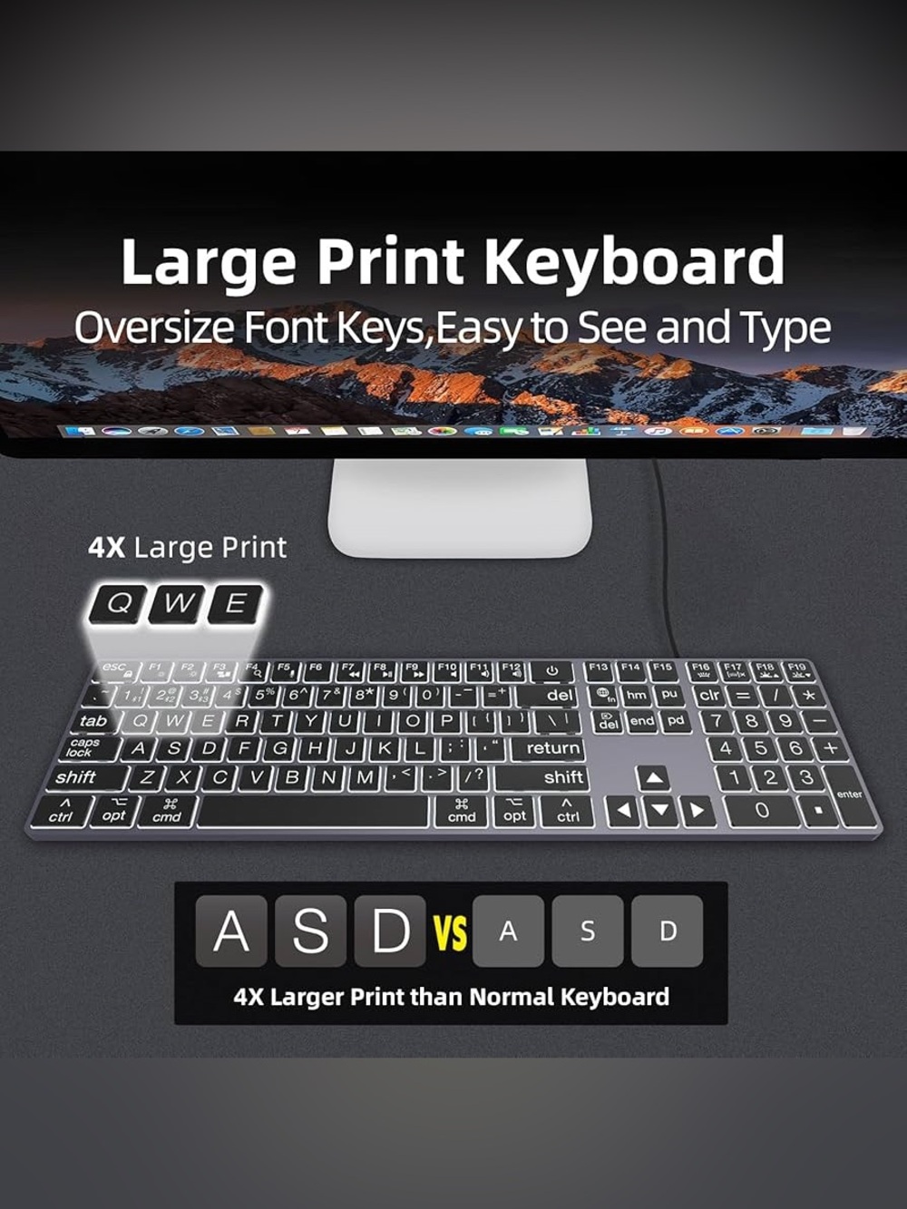 POWZAN Large Print Aluminum Bluetooth Keyboard for Mac / Ipad - 7 Backlit colors - Picture 3 of 16